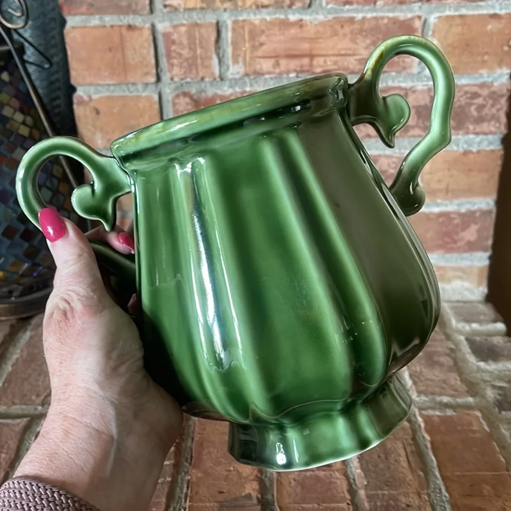 Vtg Baum Brothers Style Eyes Green Double Handle Canister 9.5